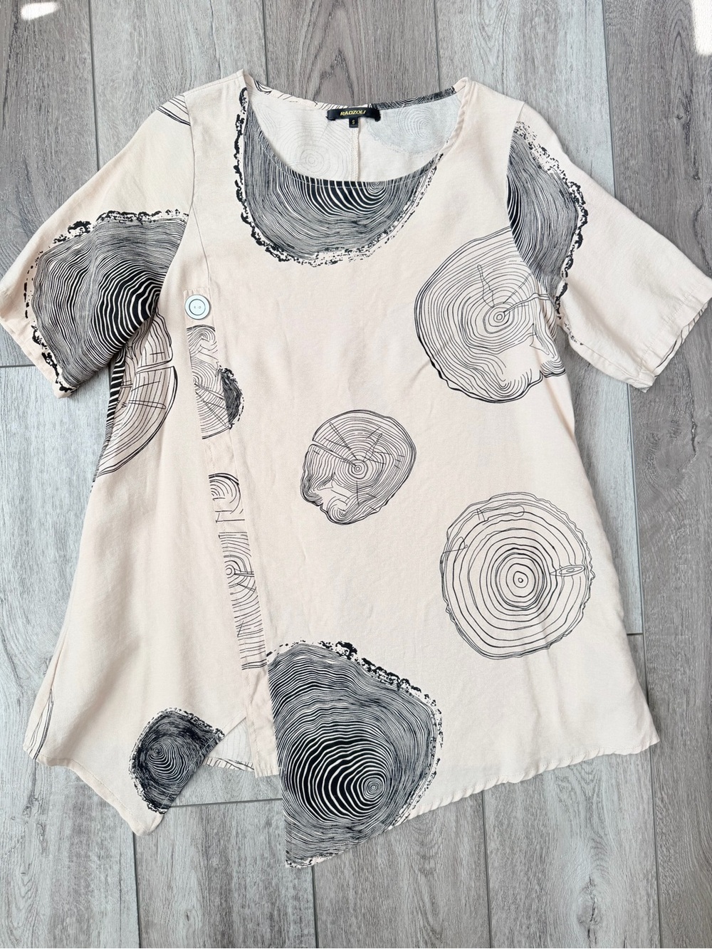 Radzoli- Oversized Comfy Beige Tunic Top with Black Tree-Ring Print